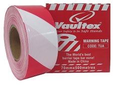 VAULTEX WARNING TAPE RED AND WHITE  70 MM X 500 METRES - TUA.