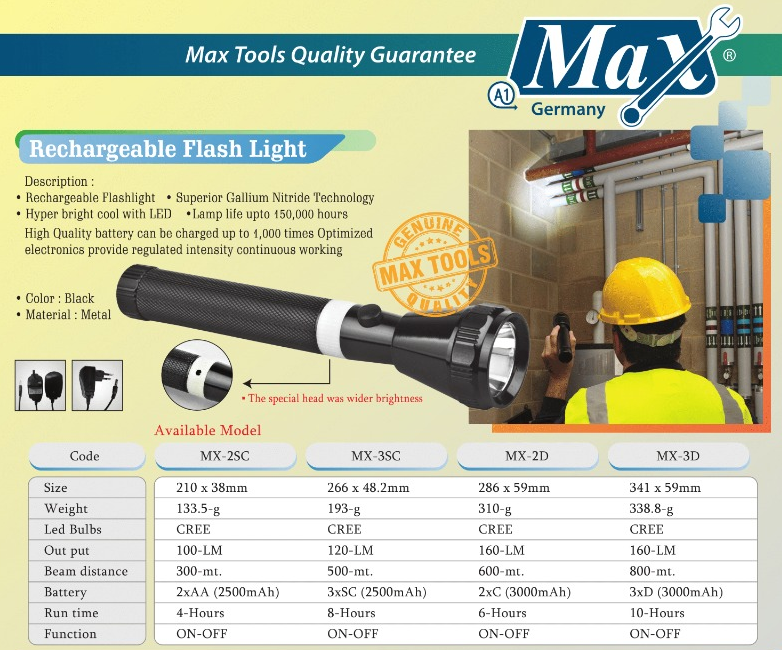 TORCH LIGHT / FLASH LIGHT HEAVY DUTY RECHARGEABLE MX-2D MAX GERMANY