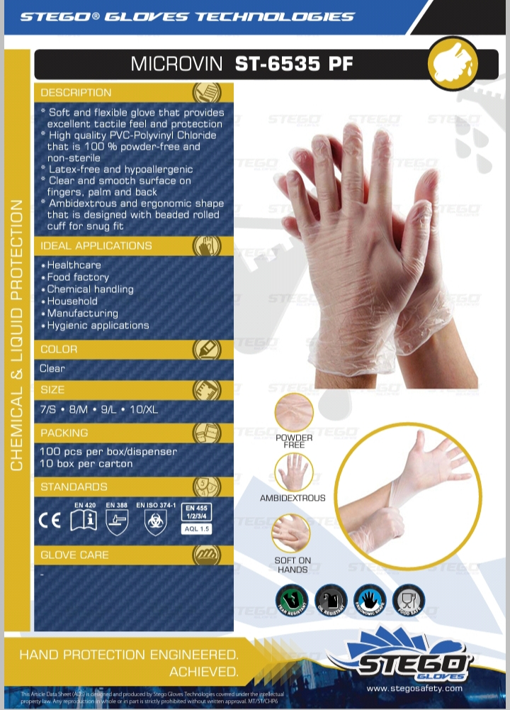 DISPOSABLE VINYL GLOVES POWDER FREE CLEAR MICROVIN ST-6535PF
