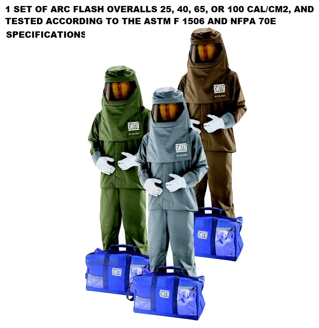 1 SET OF ARC FLASH OVERALLS 25, 40, 65, OR 100 CAL,CM2, AND TESTED ACCORDING TO THE ASTM F 1506 AND NFPA 70E SPECIFICATIONS