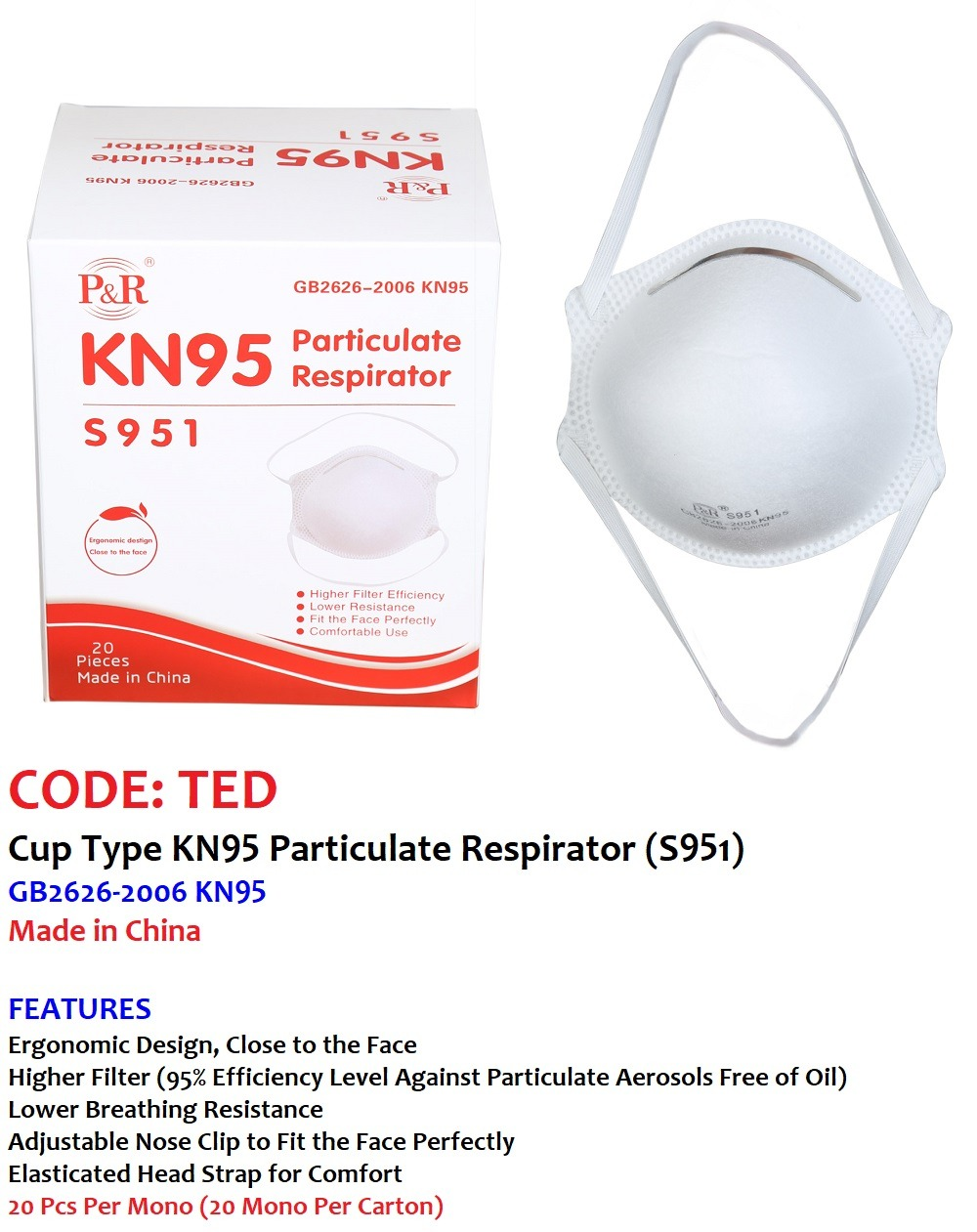 DUST MASK KN95 S951 TED P&R 20 PCS / PKT