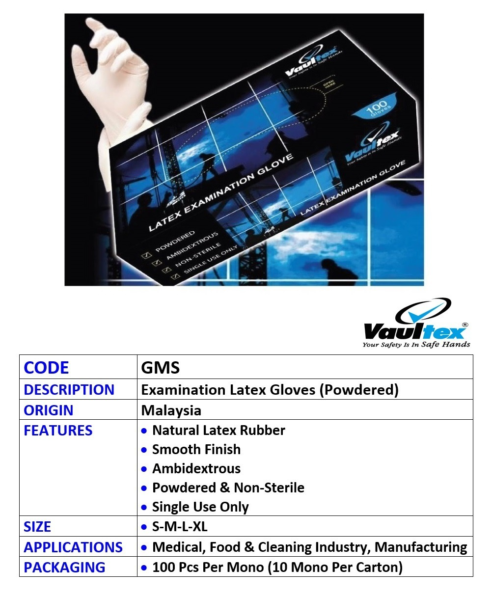DISPOSABLE LATEX GLOVES POWDERED GMS VAULTEX 100 PCS / PKT