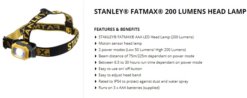 HEAD LAMP STANLEY 200 LM FMHT81509-0
