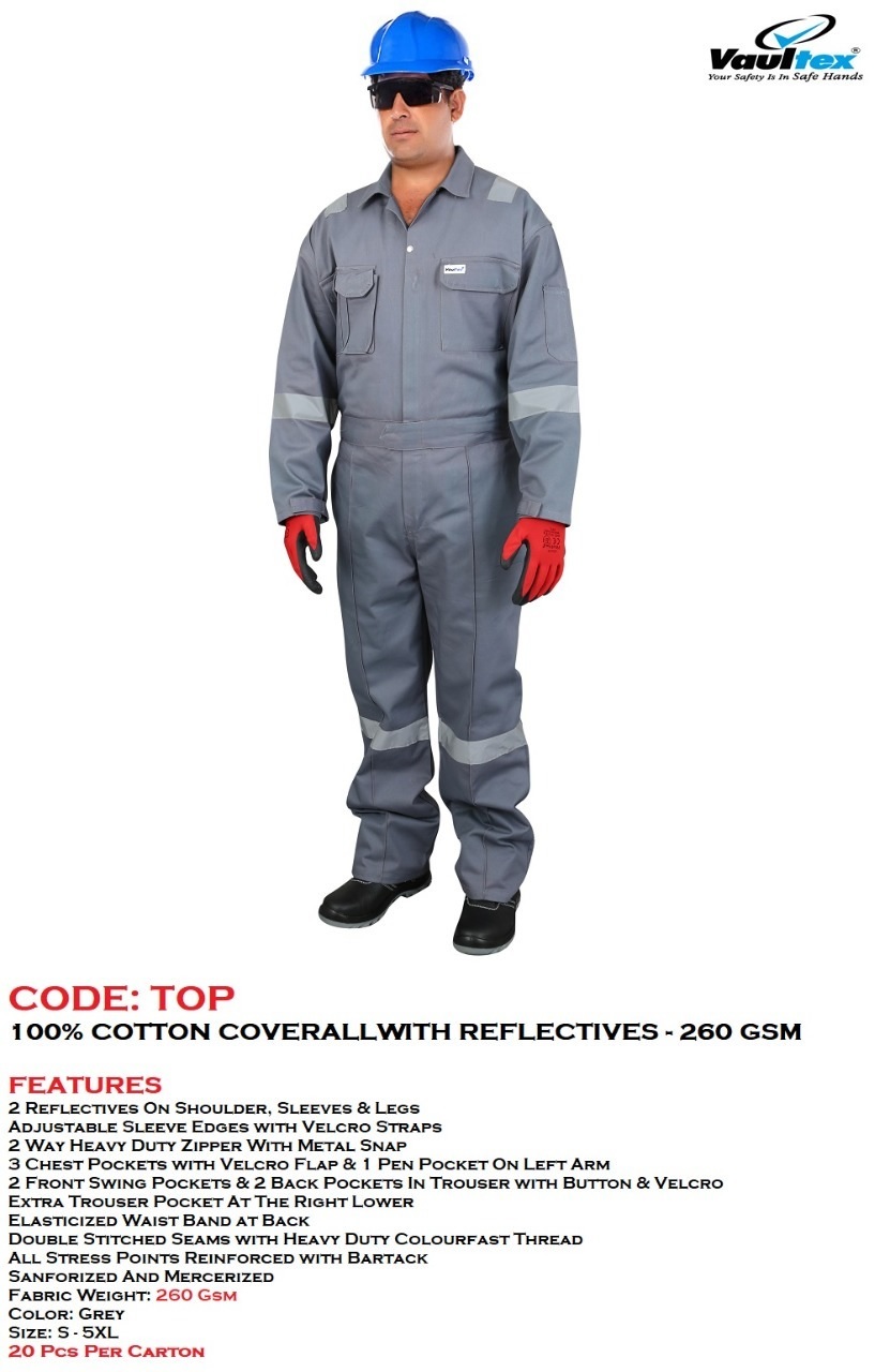 COVERALL 100% COTTON WITH REFLECTIVE . VAULTEX . 260 GSM. TOP