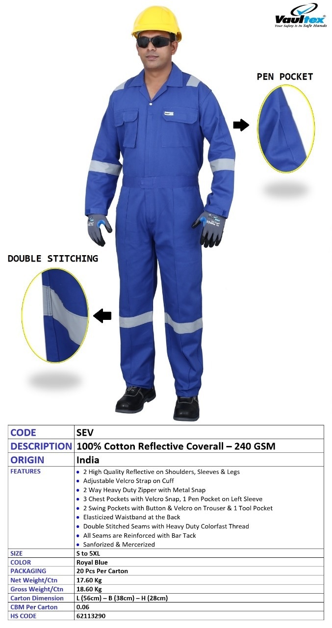 100% COTTON COVERALL WITH REFLECTIVE . 240 GSM. VAULTEX. SEV