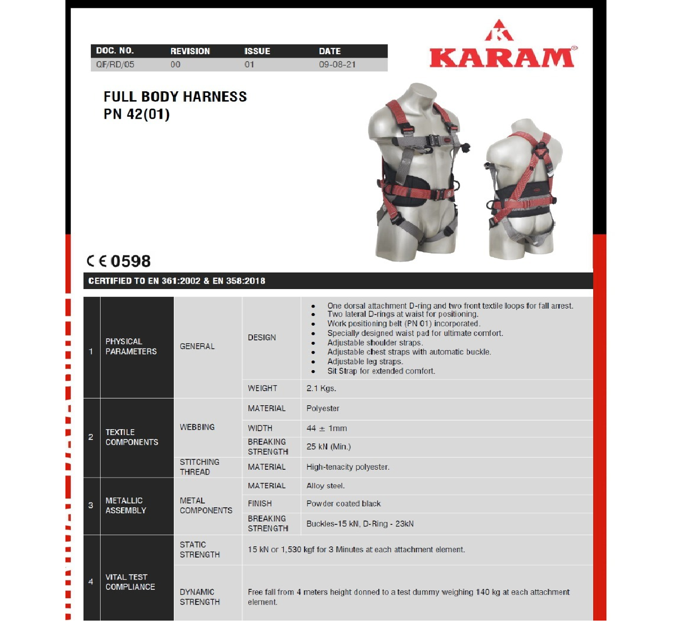 SAFETY FULL BODY HARNESS PN 42(01) MARSHAL BRAND KARAM