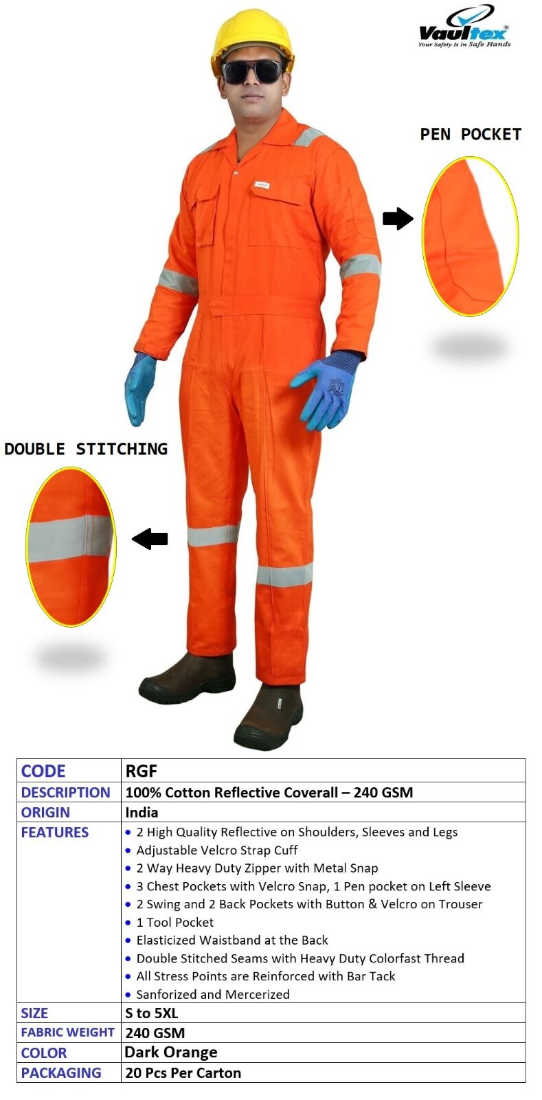 COVERALL ORANGE WITH REFLECTOR VAULTEX RGF