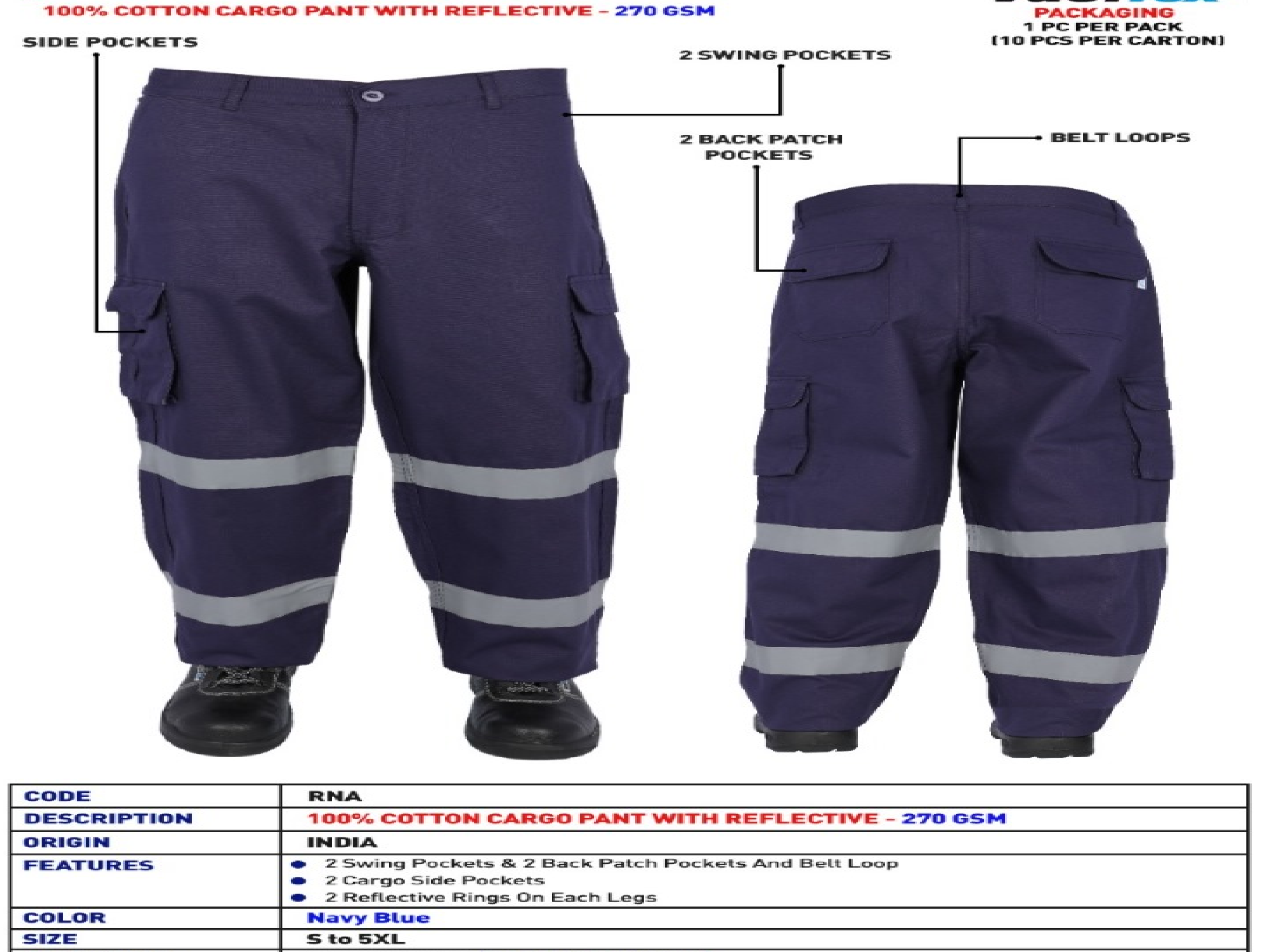 CARGO PANTS 100%COTTON WITH REFLECTIVE NAVY BLUE 270GSM S TO  2XL RNA VAULTEX