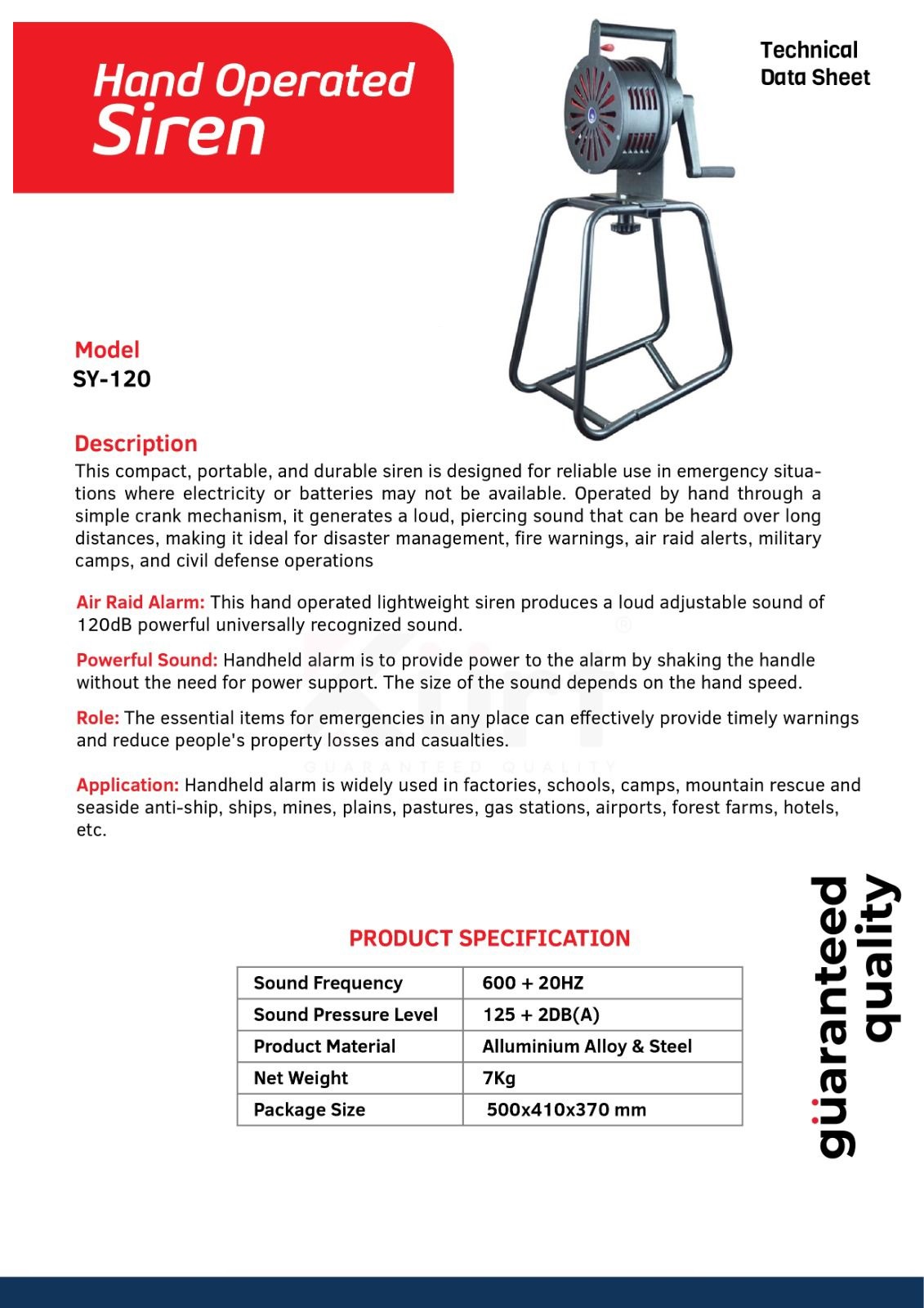 SY-120 HAND OPERATED SIREN WITH FLOOR MOUNTING STAND, MADE IN CHINA