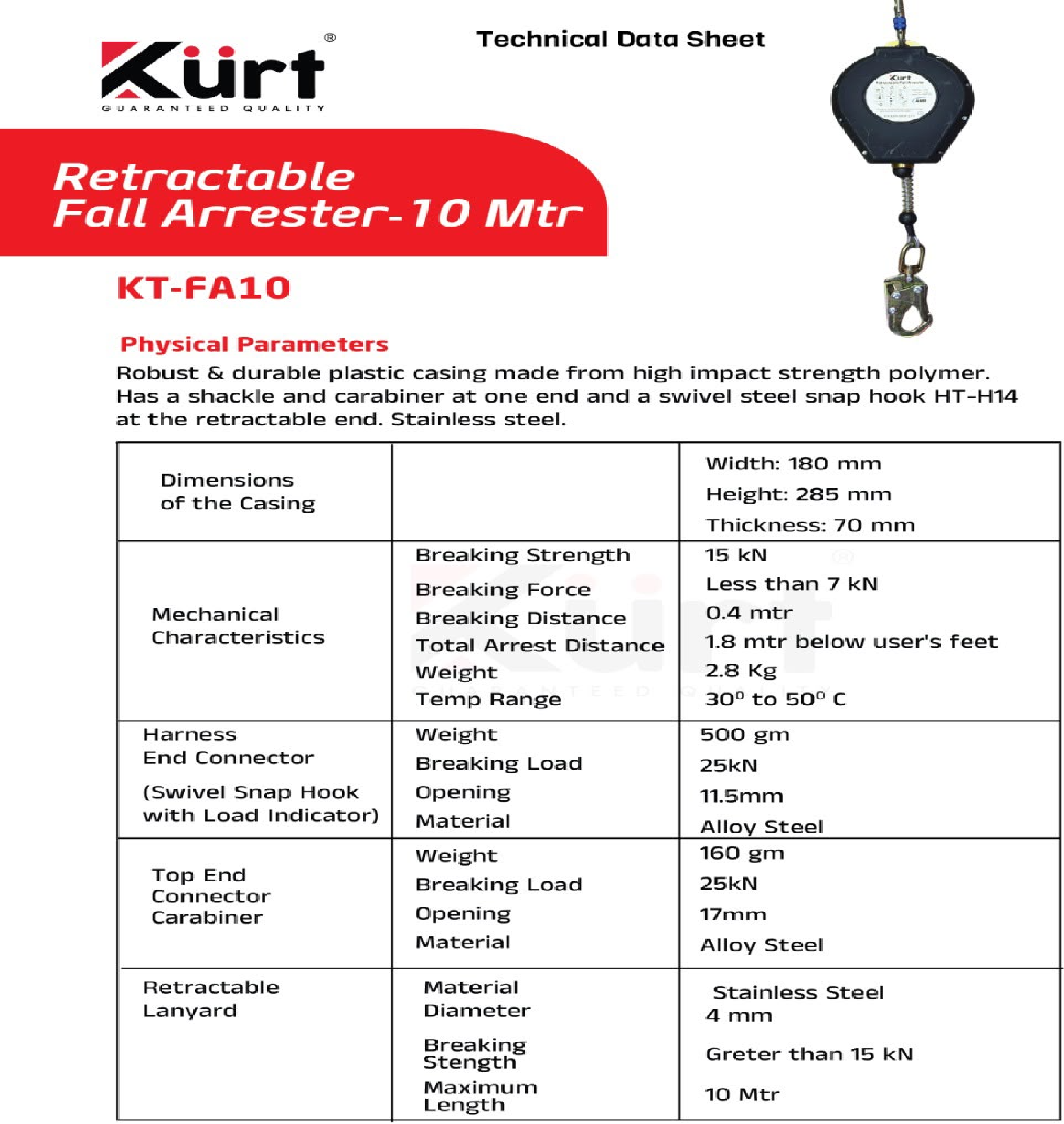 RETRACTABLE FALL ARRESTER 10 METER KURT